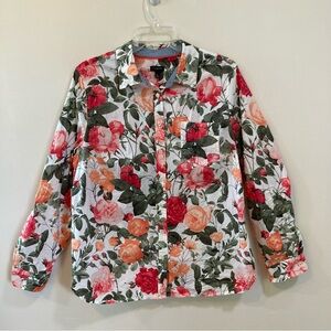Talbots Button Front Floral Sz 16 Womens Top Roll Tab Sleeve Cotton Lightweight